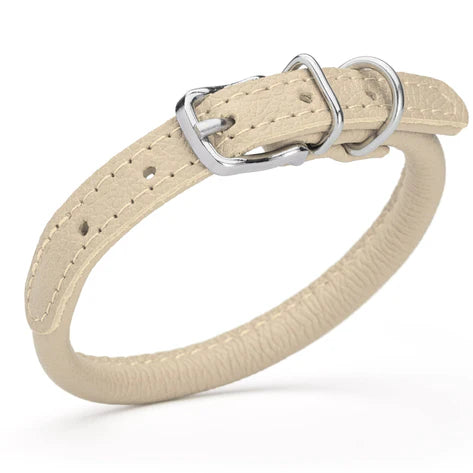 Dogline Round Leather Collar Beige