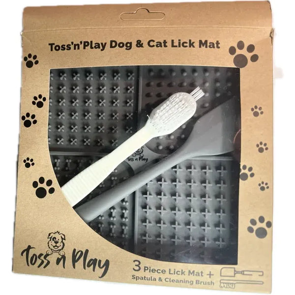 Toss n Play 3 Piece Lick Mat + Spatula & Cleaning Brush - Grey