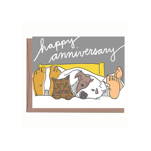 La Familia Green - Pets in Bed Anniversary Card